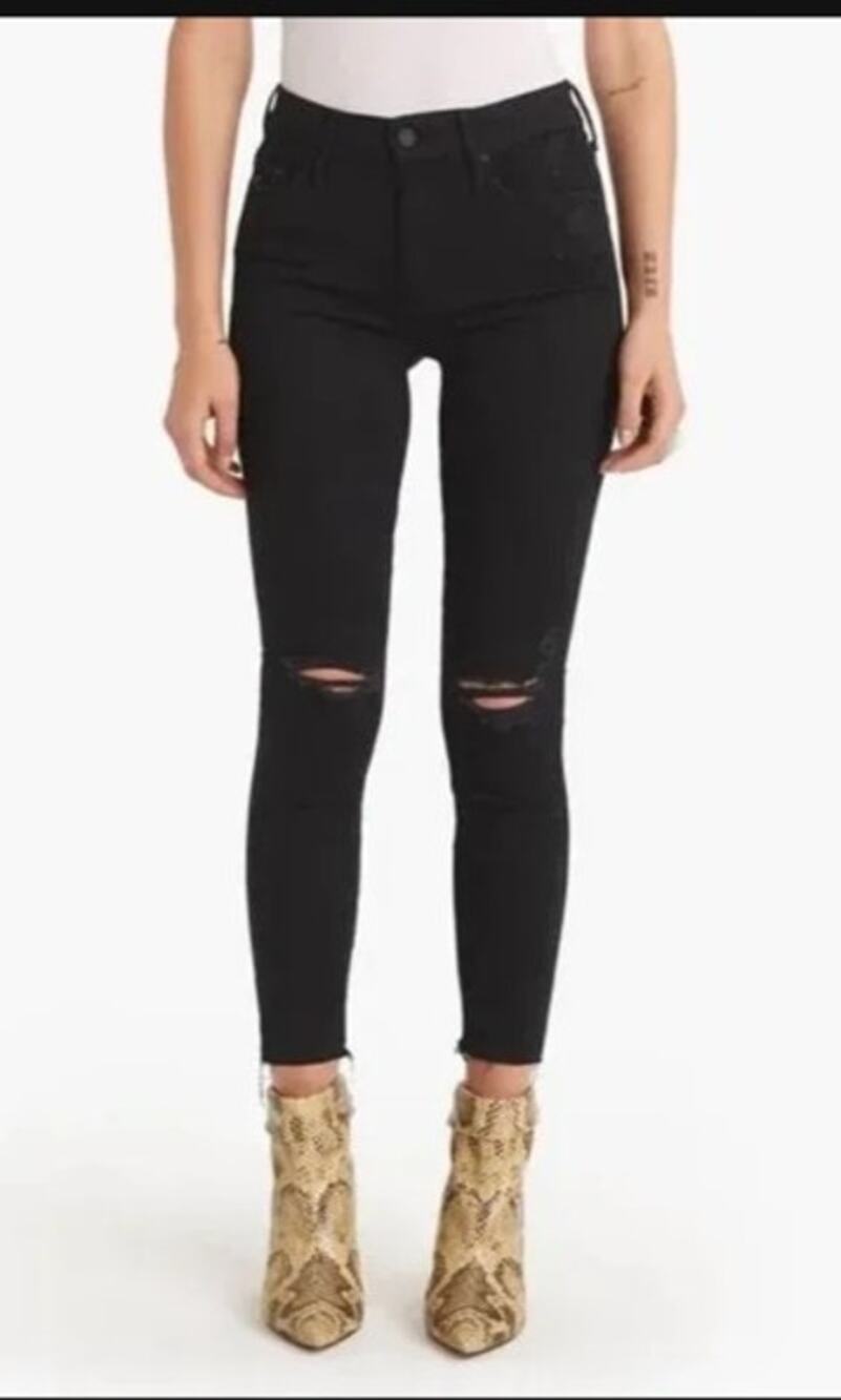 Mother Jeans Looker Ankle Fray Womens 28 Black Distressed Jeans Raw Hem Goth
